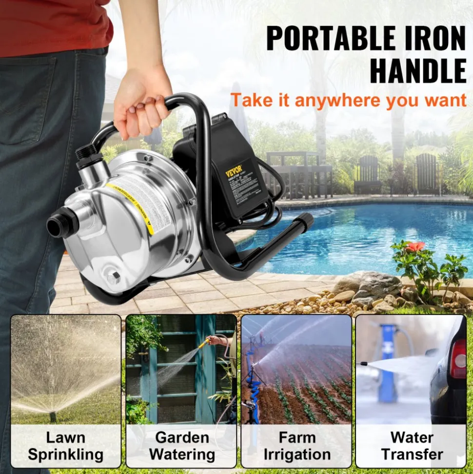 VEVOR Shallow Well Pump, 1.5 HP 115V, 1200 GPH 164 ft Height, 87 psi Max Pressure, Portable Stainless Steel Sprinkler Booster Jet Pumps for Garden Lawn Irrigation system, Lake Fountain, Water Transfer
