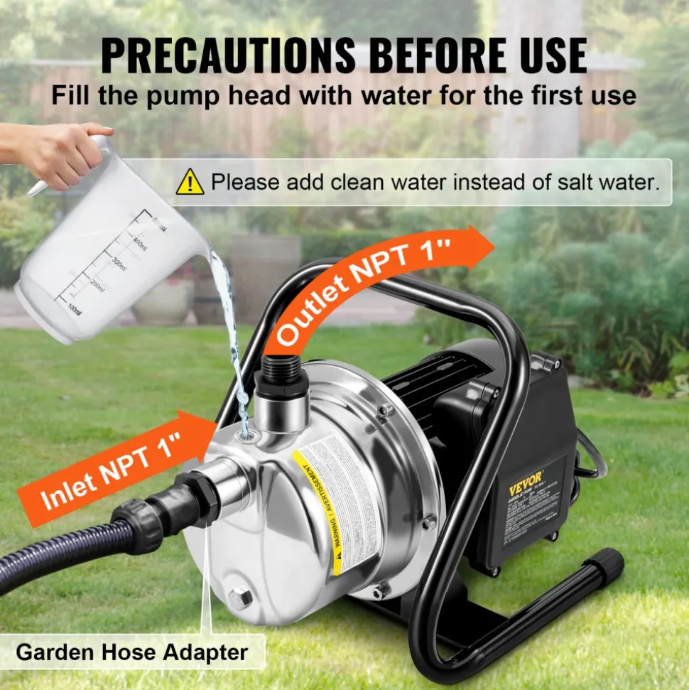 VEVOR Shallow Well Pump, 1.5 HP 115V, 1200 GPH 164 ft Height, 87 psi Max Pressure, Portable Stainless Steel Sprinkler Booster Jet Pumps for Garden Lawn Irrigation system, Lake Fountain, Water Transfer