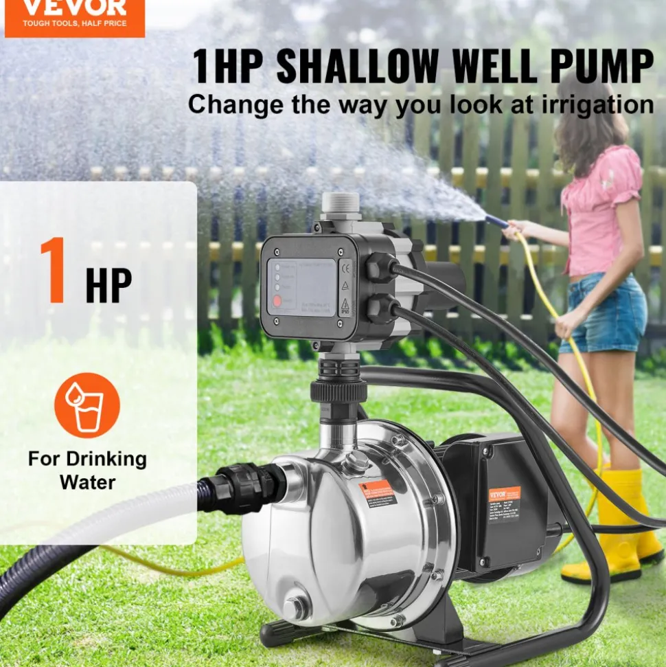 VEVOR Shallow Well Pump, 1HP 115V, 1200 GPH 145 ft Head, Portable Stainless Steel Sprinkler Booster Jet Pumps with Automatic Controller for Garden Lawn Irrigation system, Water Transfer