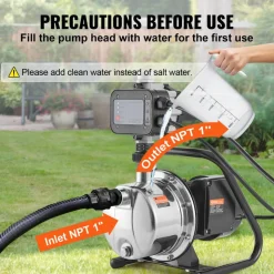 VEVOR Shallow Well Pump, 1HP 115V, 1200 GPH 145 ft Head, Portable Stainless Steel Sprinkler Booster Jet Pumps with Automatic Controller for Garden Lawn Irrigation system, Water Transfer