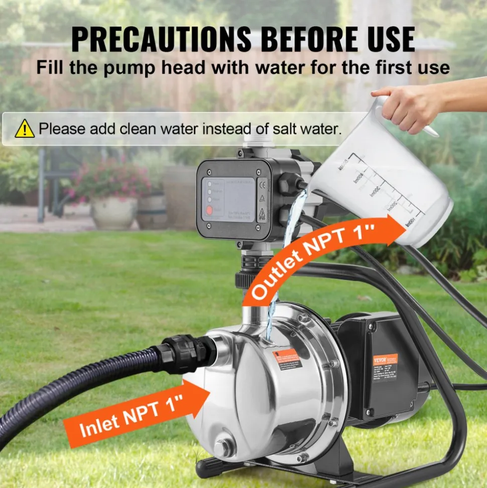 VEVOR Shallow Well Pump, 1HP 115V, 1200 GPH 145 ft Head, Portable Stainless Steel Sprinkler Booster Jet Pumps with Automatic Controller for Garden Lawn Irrigation system, Water Transfer