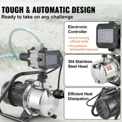 VEVOR Shallow Well Pump, 1HP 115V, 1200 GPH 145 ft Head, Portable Stainless Steel Sprinkler Booster Jet Pumps with Automatic Controller for Garden Lawn Irrigation system, Water Transfer