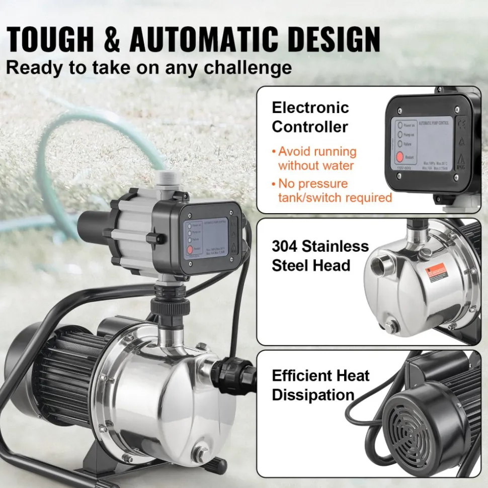 VEVOR Shallow Well Pump, 1HP 115V, 1200 GPH 145 ft Head, Portable Stainless Steel Sprinkler Booster Jet Pumps with Automatic Controller for Garden Lawn Irrigation system, Water Transfer