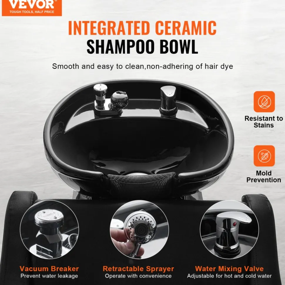 VEVOR Shampoo Backwash Chair, 661.4LBS Loading Barbershop Hair Washing Station with Electric Adjustable Footrest & Ceramic Bowl, Backwash Salon Shampoo Chair, Beauty Spa Hairdressing Massage Equipment