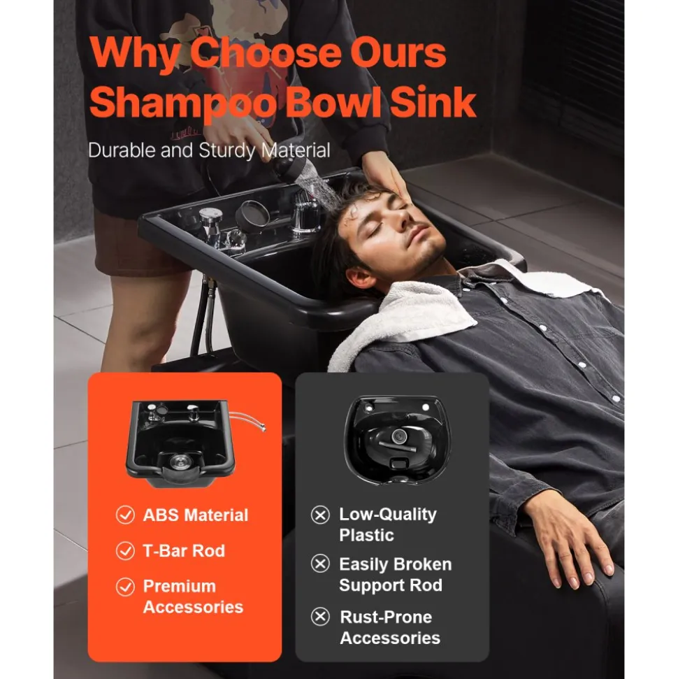 VEVOR Shampoo Bowl, ABS Plastic Shampoo Sink for Salons and Home, Easy to Clean and Install Salon Shampoo Bowls for Hair Stylists, Shampoo Sink for Spa Center, Barbershop and Beauty Salon Use, Black