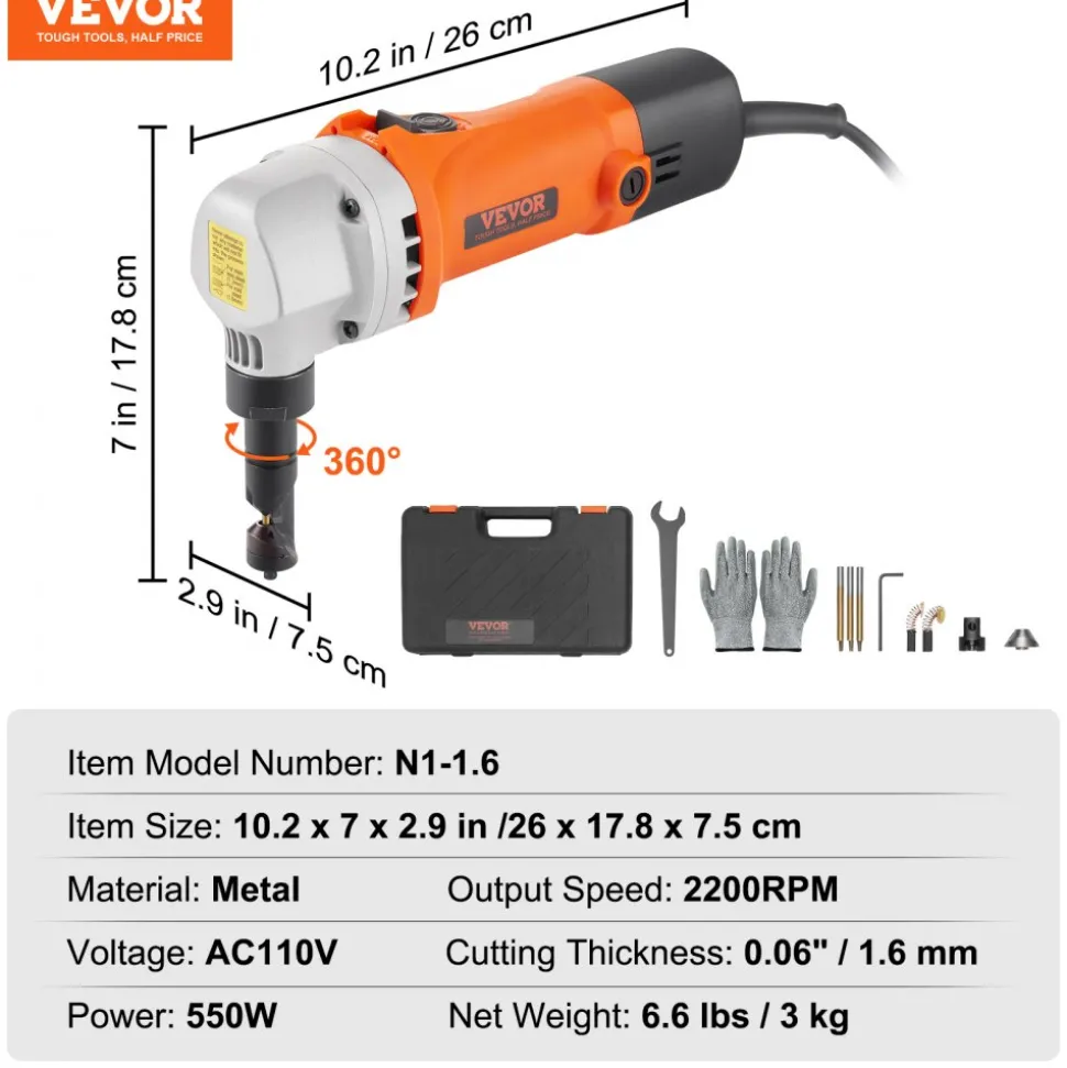 VEVOR Sheet Metal Nibbler, 550W Powerful 2200 RPM High Speed, 360 Degree Rotation Electric Nibbler Metal Cutter, Straight Curve and Circle Cutting for Stainless Steel, Aluminum, Plastic, Wood Board
