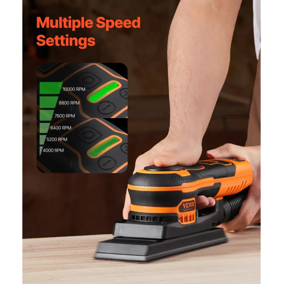 VEVOR Sheet Sander, 3/8 Sheet 3A EC Brushless Sander, Max. 10000RPM Variable Speed Sheet Finishing Sander with 10PCS Sandpapers and Vacuum Cleaner Adapter for Woodworking
