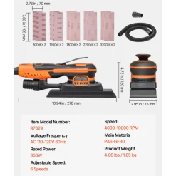 VEVOR Sheet Sander, 3/8 Sheet 3A EC Brushless Sander, Max. 10000RPM Variable Speed Sheet Finishing Sander with 10PCS Sandpapers and Vacuum Cleaner Adapter for Woodworking