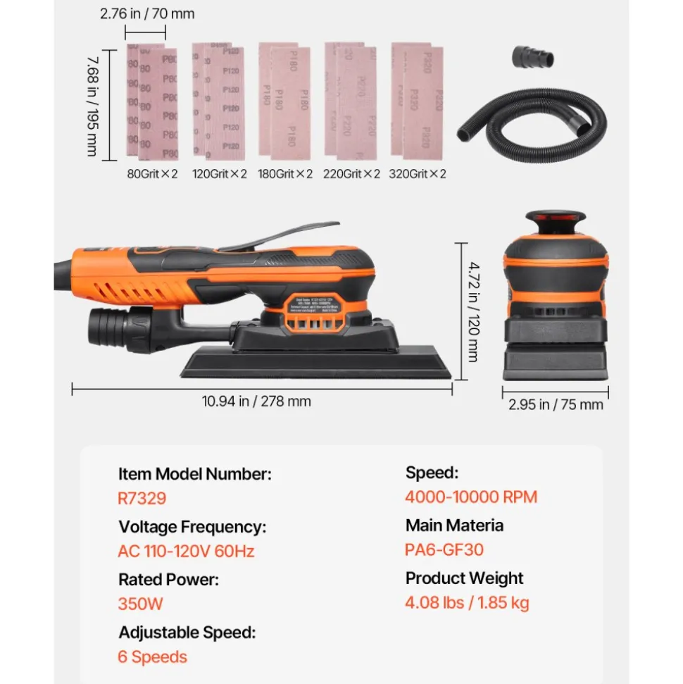 VEVOR Sheet Sander, 3/8 Sheet 3A EC Brushless Sander, Max. 10000RPM Variable Speed Sheet Finishing Sander with 10PCS Sandpapers and Vacuum Cleaner Adapter for Woodworking