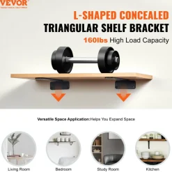 VEVOR Shelf Bracket, 12”L x 4”W x 1.6”H 6 Pcs, Heavy Duty Floating Shelf Brackets, Brackets for Shelves, 5mm Thick Matte Black L Shelf Bracket,Steel Shelving Brackets with 160 lbs Load Capacity