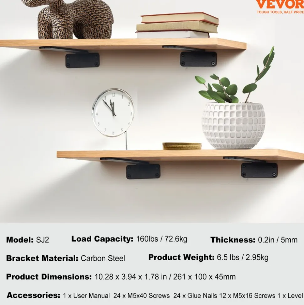 VEVOR Shelf Bracket, 10”L x 4”W x 1.6”H, 6 Pcs Heavy Duty Floating Shelf Brackets, Brackets for Shelves, 5mm Thick Matte Black L Shelf Bracket,Steel Shelving Brackets with 160 lbs Load Capacity