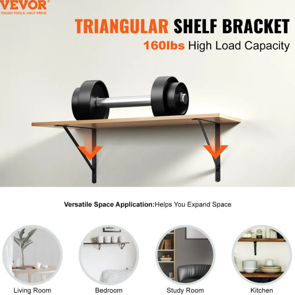 VEVOR Shelf Bracket, 18 x 12 in 12 Pcs, Heavy Duty Floating Shelf Brackets, Brackets for Shelves, 3mm Thick Matte Black Triangle Shelf Bracket,Steel Shelving Brackets with 160 lbs Load Capacity