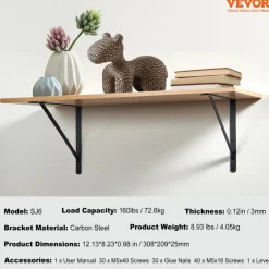 VEVOR Shelf Bracket, 12 x 8 in 10 Pcs, Heavy Duty Floating Shelf Brackets, Brackets for Shelves, 3mm Thick Matte Black Triangle Shelf Bracket,Steel Shelving Brackets with 160 lbs Load Capacity