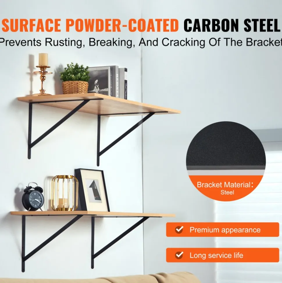 VEVOR Shelf Bracket, 12 x 8 in 10 Pcs, Heavy Duty Floating Shelf Brackets, Brackets for Shelves, 3mm Thick Matte Black Triangle Shelf Bracket,Steel Shelving Brackets with 160 lbs Load Capacity