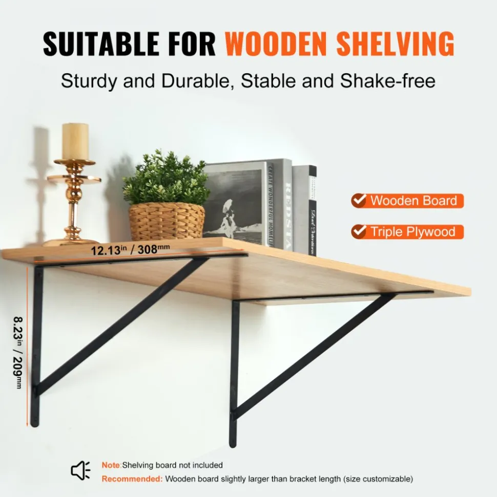 VEVOR Shelf Bracket, 12 x 8 in 10 Pcs, Heavy Duty Floating Shelf Brackets, Brackets for Shelves, 3mm Thick Matte Black Triangle Shelf Bracket,Steel Shelving Brackets with 160 lbs Load Capacity