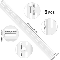 VEVOR Shelf Pilaster, 60-inch 5 Pack, Dual Track Upright Wall Shelving System, Heavy Duty Support System Twin Slot Shelf Rails, 25 Screws, Suitable for Cabinet Closet Organization Storage, Silver