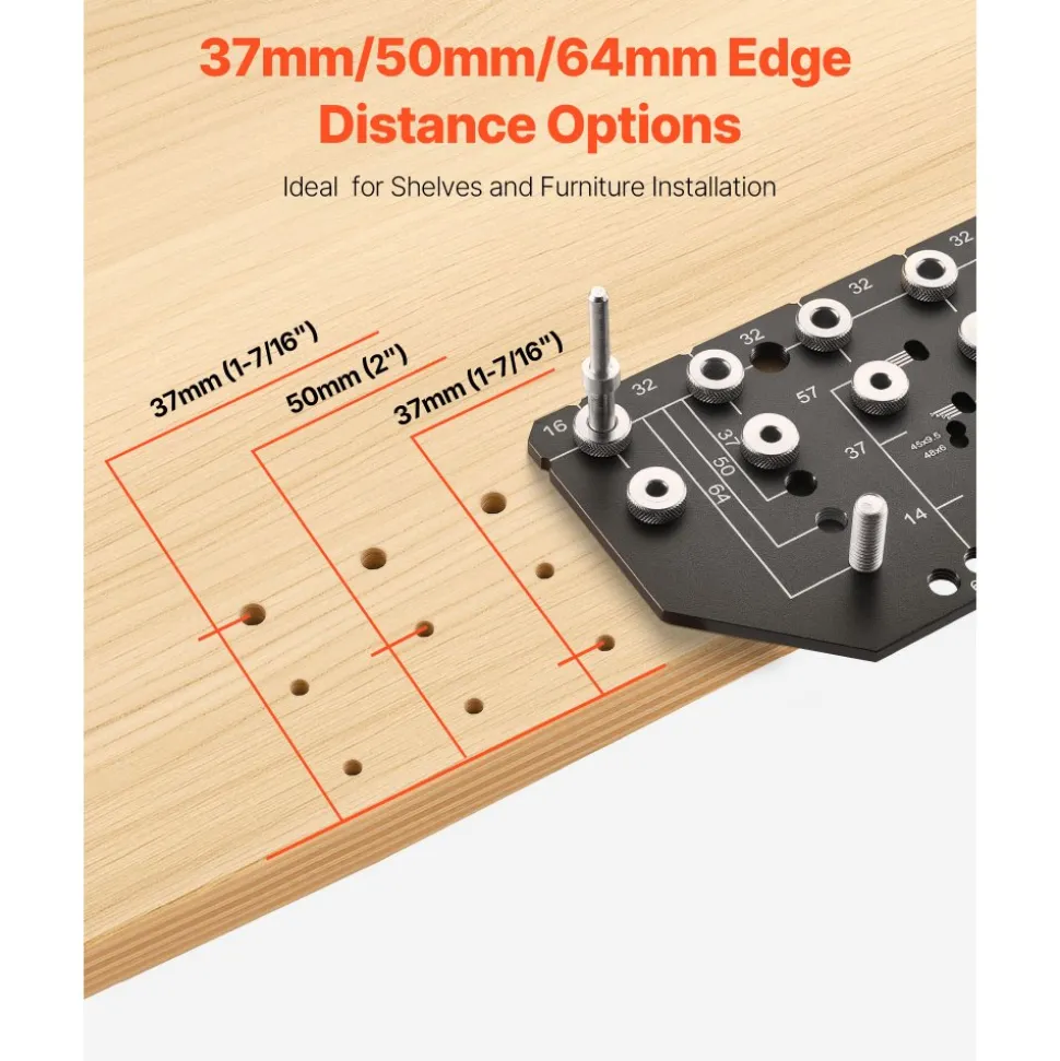 VEVOR Shelf Pin Jig and Hinge Jig Two-in-One, Aluminum Alloy Cabinet Hardware Hole Drilling Template with 1/4" and 3/16" Drill Bits, for Cabinet Doors Bookshelves Wardrobes Woodworking and DIY