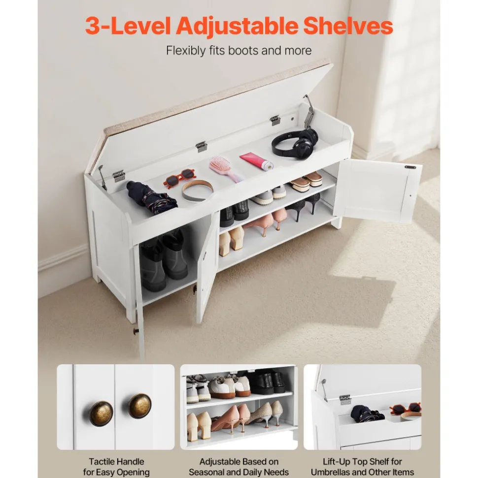 VEVOR Shoe Bench, 41.3 x 13.8 x 19.8 Inch Entryway Bench with Lift Top Storage and Seat Cushion, 250lbs Shoe Rack with 3 Cabinets and Height Adjustable Shelf, for Bedroom, Hallway, White + Black