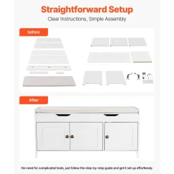 VEVOR Shoe Bench, 41.3 x 13.8 x 19.8 Inch Entryway Bench with Lift Top Storage and Seat Cushion, 250lbs Shoe Rack with 3 Cabinets and Height Adjustable Shelf, for Bedroom, Hallway, White + Black