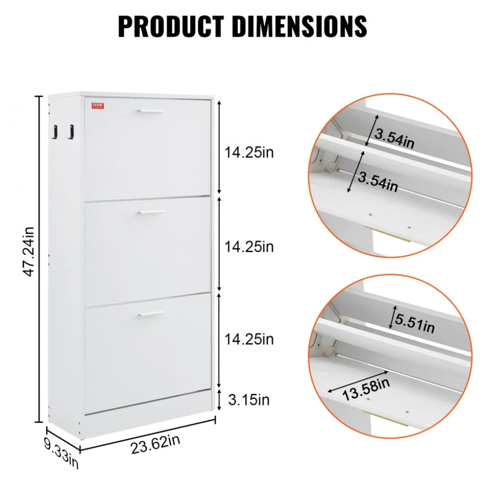 VEVOR Shoe Cabinet with 3 Flip Drawers, Shoe Storage Cabinet for Entryway, Free Standing Shoe Storage Organizer with Side Hooks for Heels, Boots, Slippers in Hallway, Living Room