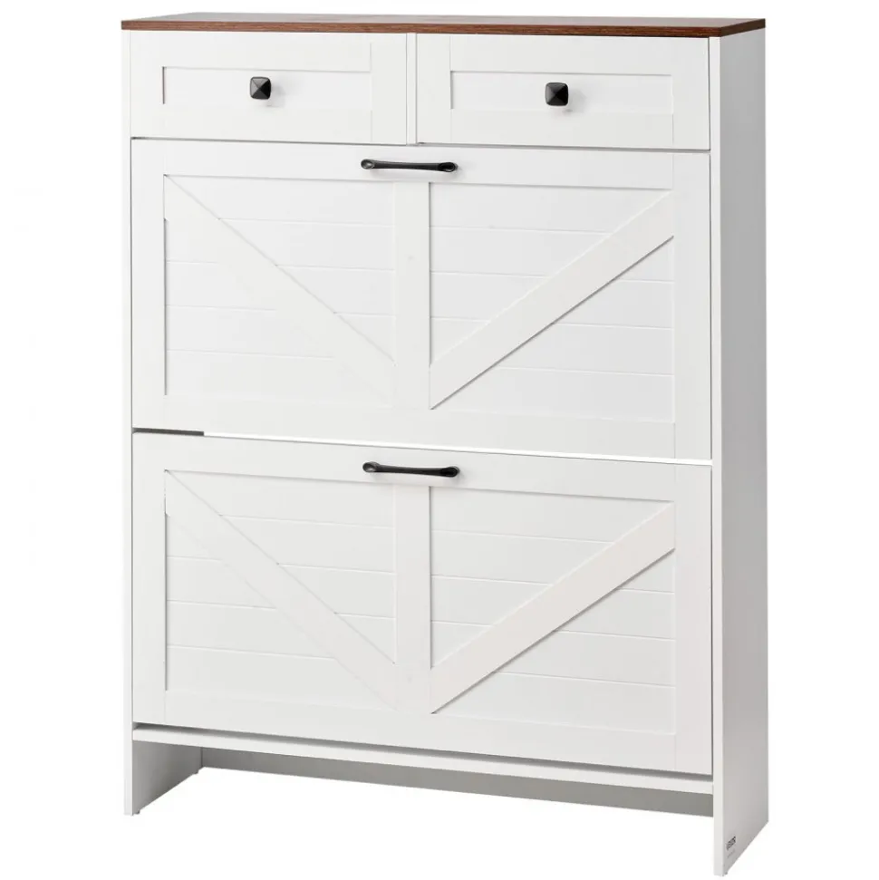 VEVOR Shoe Cabinet with 2 Flip Drawers, Farmhouse Shoes Storage Cabinet with 2 Drawers and Anti-Tipping Device, Freestanding Shoe Organizer Ideal for Entryway, Hallway, Bedroom, Living Room, White
