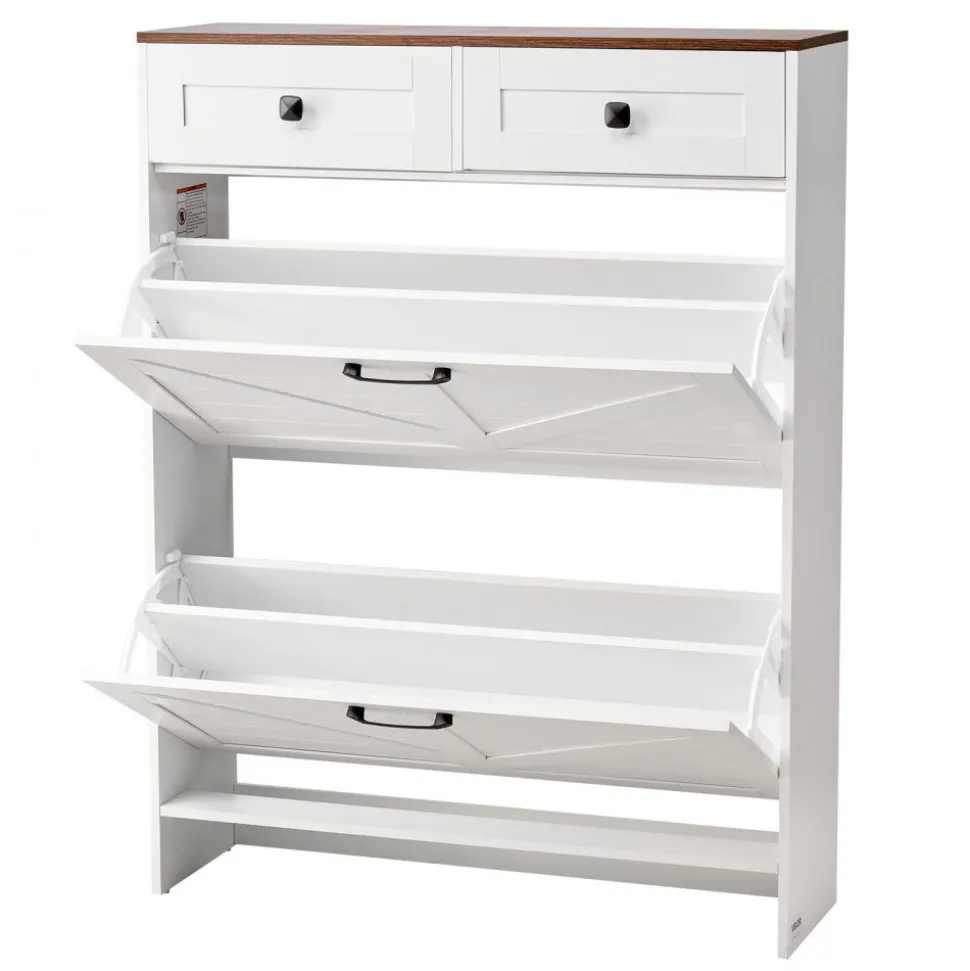 VEVOR Shoe Cabinet with 2 Flip Drawers, Farmhouse Shoes Storage Cabinet with 2 Drawers and Anti-Tipping Device, Freestanding Shoe Organizer Ideal for Entryway, Hallway, Bedroom, Living Room, White
