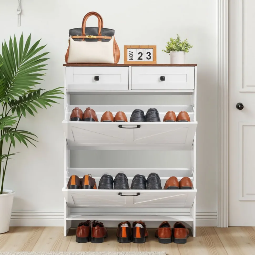 VEVOR Shoe Cabinet with 2 Flip Drawers, Farmhouse Shoes Storage Cabinet with 2 Drawers and Anti-Tipping Device, Freestanding Shoe Organizer Ideal for Entryway, Hallway, Bedroom, Living Room, White