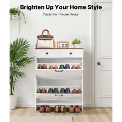 VEVOR Shoe Cabinet with 2 Flip Drawers, Farmhouse Shoes Storage Cabinet with 2 Drawers and Anti-Tipping Device, Freestanding Shoe Organizer Ideal for Entryway, Hallway, Bedroom, Living Room, White