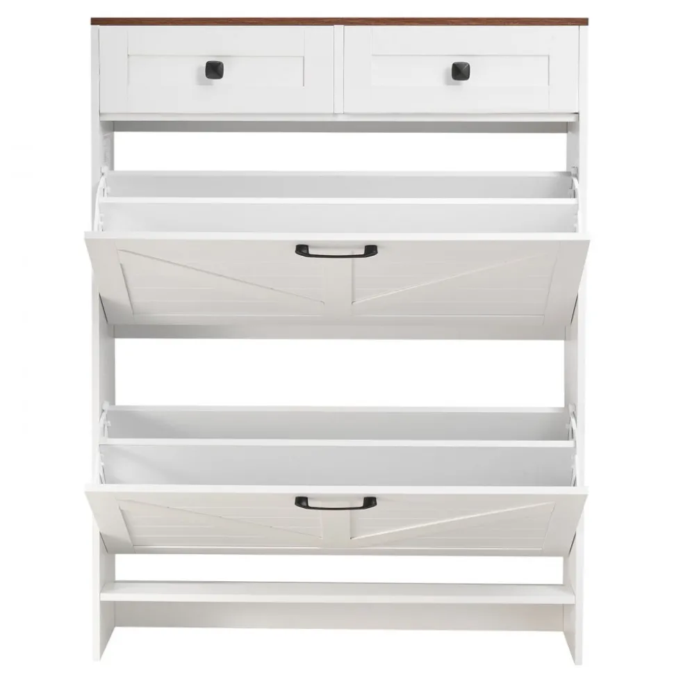 VEVOR Shoe Cabinet with 2 Flip Drawers, Farmhouse Shoes Storage Cabinet with 2 Drawers and Anti-Tipping Device, Freestanding Shoe Organizer Ideal for Entryway, Hallway, Bedroom, Living Room, White