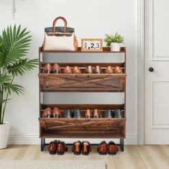 VEVOR Shoe Cabinet with 2 Flip Drawers, Farmhouse Shoes Storage Cabinet with Metal Legs and Anti-Tipping Device, Freestanding Shoe Organizer Ideal for Entryway, Hallway, Bedroom, Living Room, Brown