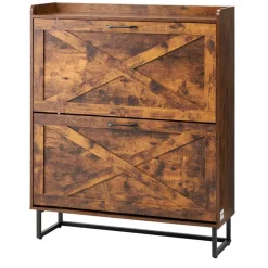 VEVOR Shoe Cabinet with 2 Flip Drawers, Farmhouse Shoes Storage Cabinet with Metal Legs and Anti-Tipping Device, Freestanding Shoe Organizer Ideal for Entryway, Hallway, Bedroom, Living Room, Brown