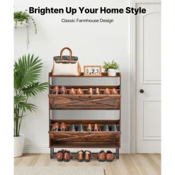 VEVOR Shoe Cabinet with 2 Flip Drawers, Farmhouse Shoes Storage Cabinet with Metal Legs and Anti-Tipping Device, Freestanding Shoe Organizer Ideal for Entryway, Hallway, Bedroom, Living Room, Brown