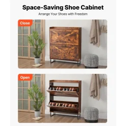 VEVOR Shoe Cabinet with 2 Flip Drawers, Farmhouse Shoes Storage Cabinet with Metal Legs and Anti-Tipping Device, Freestanding Shoe Organizer Ideal for Entryway, Hallway, Bedroom, Living Room, Brown