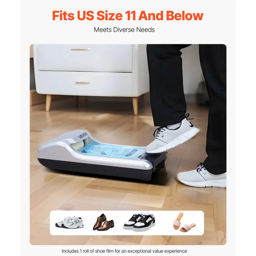 VEVOR Shoe Cover Dispenser, Automatic Shoe Film Machine with 1 Roll (600 Pcs) of Non-Slip Disposable Sole Membrane, Fits Size Up to US 11, for Home, Office, Lab, Factory, Hospital, Indoor Use, Silver