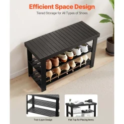 VEVOR Shoe Rack Bench, 3-Tier Bamboo Entryway Bench, Shoe Storage Organizer Holds Up to 286 lbs, 27.6 x 11.3 x 17.8 Inches, for Front Door, Hallway, Living Room, Bedroom, Black