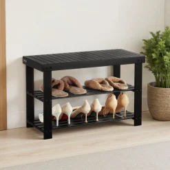 VEVOR Shoe Rack Bench, 3-Tier Bamboo Entryway Bench, Shoe Storage Organizer Holds Up to 286 lbs, 27.6 x 11.3 x 17.8 Inches, for Front Door, Hallway, Living Room, Bedroom, Black