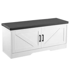 VEVOR Shoe Storage Bench, 39.4 x 14.0 x 18.1 Inch Shoe Organizer with Padded Seat Cushion, Entryway Bench with 2 Barn Doors and Height Adjustable Shelf, for Hallway, Living Room, Bedroom, White+Black