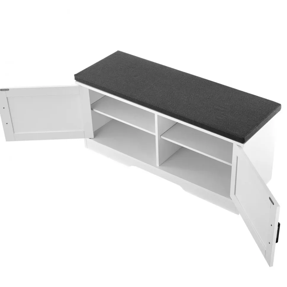 VEVOR Shoe Storage Bench, 39.4 x 14.0 x 18.1 Inch Shoe Organizer with Padded Seat Cushion, Entryway Bench with 2 Barn Doors and Height Adjustable Shelf, for Hallway, Living Room, Bedroom, White+Black