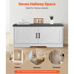 VEVOR Shoe Storage Bench, 39.4 x 14.0 x 18.1 Inch Shoe Organizer with Padded Seat Cushion, Entryway Bench with 2 Barn Doors and Height Adjustable Shelf, for Hallway, Living Room, Bedroom, White+Black