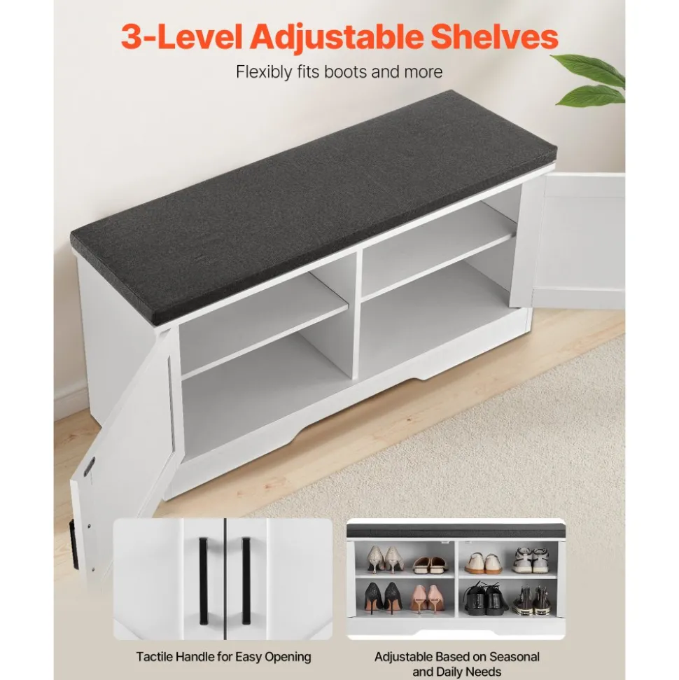 VEVOR Shoe Storage Bench, 39.4 x 14.0 x 18.1 Inch Shoe Organizer with Padded Seat Cushion, Entryway Bench with 2 Barn Doors and Height Adjustable Shelf, for Hallway, Living Room, Bedroom, White+Black