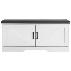 VEVOR Shoe Storage Bench, 39.4 x 14.0 x 18.1 Inch Shoe Organizer with Padded Seat Cushion, Entryway Bench with 2 Barn Doors and Height Adjustable Shelf, for Hallway, Living Room, Bedroom, White+Black