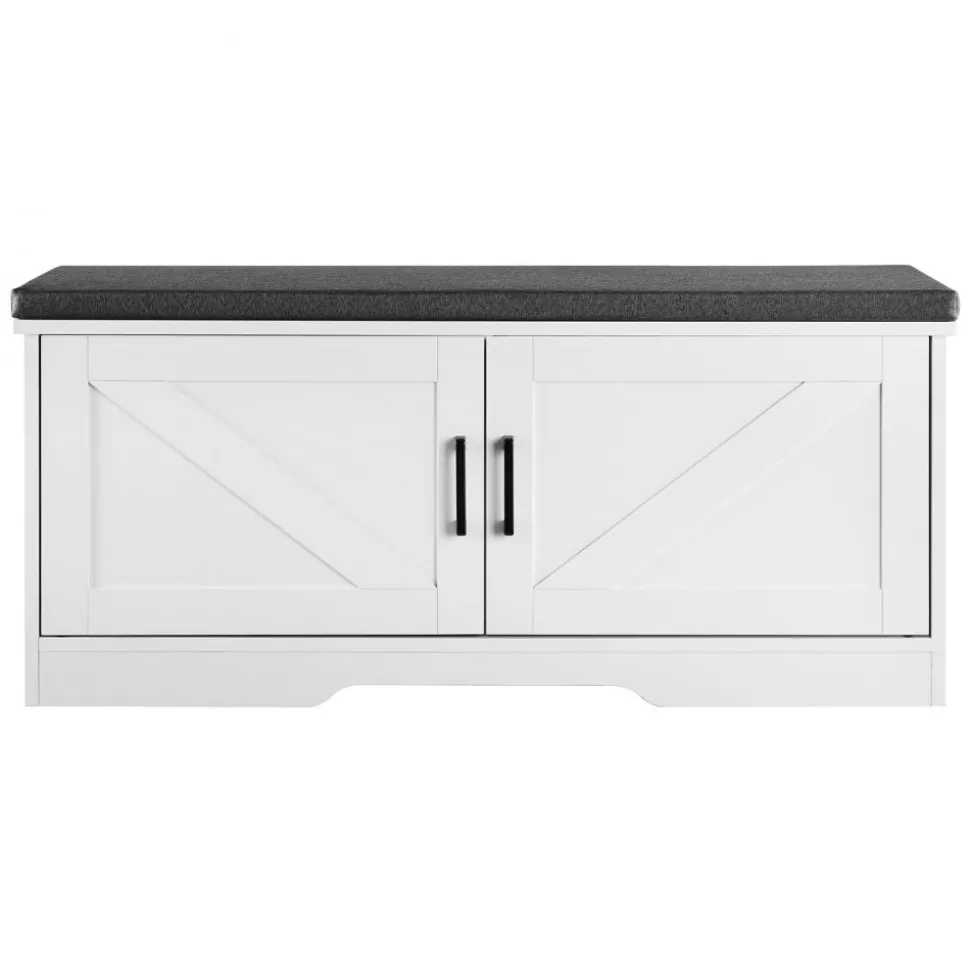 VEVOR Shoe Storage Bench, 39.4 x 14.0 x 18.1 Inch Shoe Organizer with Padded Seat Cushion, Entryway Bench with 2 Barn Doors and Height Adjustable Shelf, for Hallway, Living Room, Bedroom, White+Black