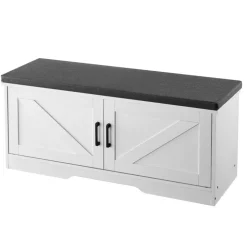 VEVOR Shoe Storage Bench, 39.4 x 14.0 x 18.1 Inch Shoe Organizer with Padded Seat Cushion, Entryway Bench with 2 Barn Doors and Height Adjustable Shelf, for Hallway, Living Room, Bedroom, White+Black