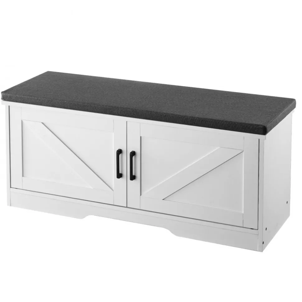 VEVOR Shoe Storage Bench, 39.4 x 14.0 x 18.1 Inch Shoe Organizer with Padded Seat Cushion, Entryway Bench with 2 Barn Doors and Height Adjustable Shelf, for Hallway, Living Room, Bedroom, White+Black