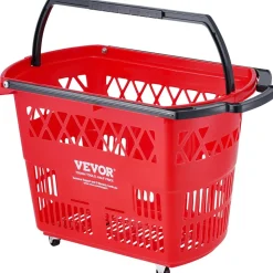 VEVOR Shopping Baskets, 6PCS, 39L Shopping Carts with Handles, Plastic Rolling Shopping Basket with Wheels, Large Portable Shopping Basket Set for Supermarkets, Retail Stores, Grocery Shopping, Red