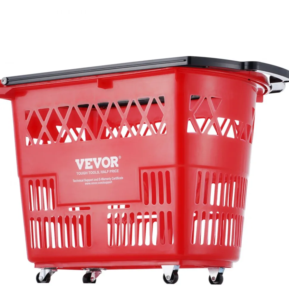 VEVOR Shopping Baskets, 6PCS, 39L Shopping Carts with Handles, Plastic Rolling Shopping Basket with Wheels, Large Portable Shopping Basket Set for Supermarkets, Retail Stores, Grocery Shopping, Red