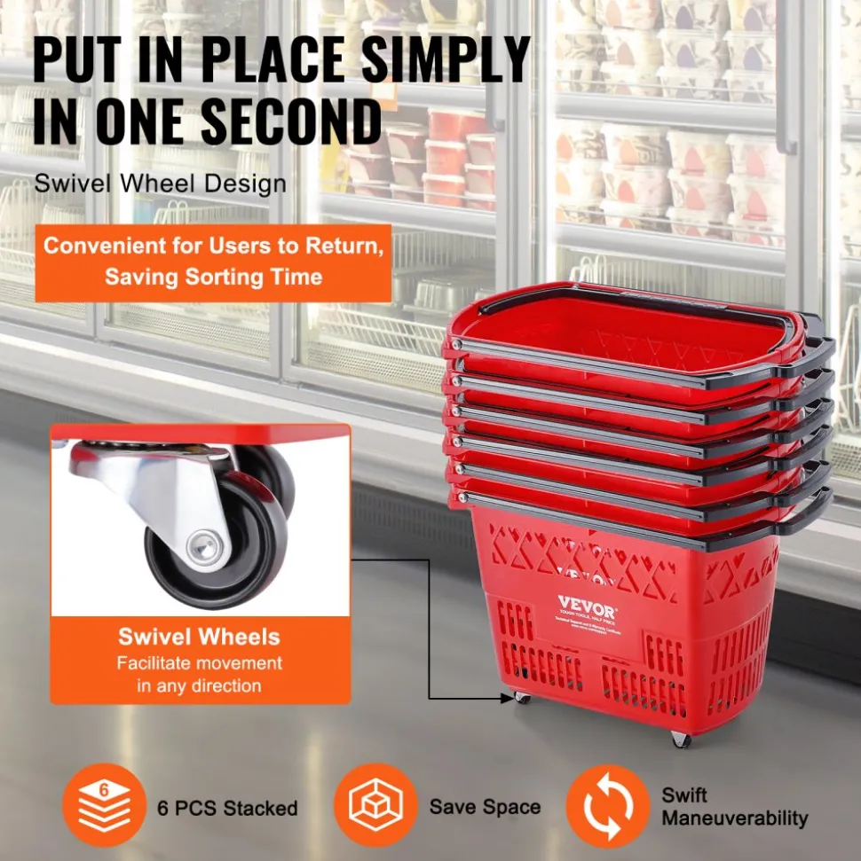 VEVOR Shopping Baskets, 6PCS, 39L Shopping Carts with Handles, Plastic Rolling Shopping Basket with Wheels, Large Portable Shopping Basket Set for Supermarkets, Retail Stores, Grocery Shopping, Red
