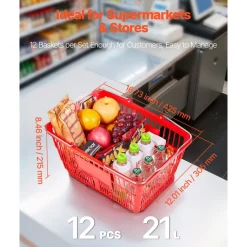 VEVOR Shopping Baskets, 12 PCS, 21L Stackable PE Plastic Grocery Baskets with Metal Handles, Dense Mesh Structure, Holds up to 20 lbs, Portable for Grocery, Retail, Stores, Supermarket, Home Use, Red