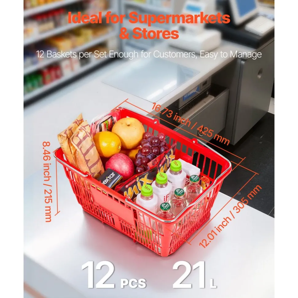 VEVOR Shopping Baskets, 12 PCS, 21L Stackable PE Plastic Grocery Baskets with Metal Handles, Dense Mesh Structure, Holds up to 20 lbs, Portable for Grocery, Retail, Stores, Supermarket, Home Use, Red