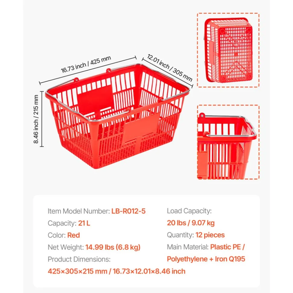 VEVOR Shopping Baskets, 12 PCS, 21L Stackable PE Plastic Grocery Baskets with Metal Handles, Dense Mesh Structure, Holds up to 20 lbs, Portable for Grocery, Retail, Stores, Supermarket, Home Use, Red